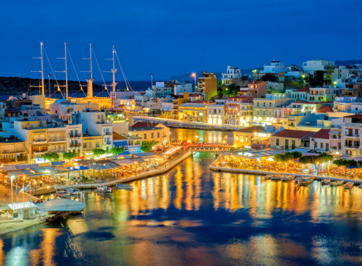 Beautiful Agios Nikolaos town at night. Lasithi region of Crete island, Greece
