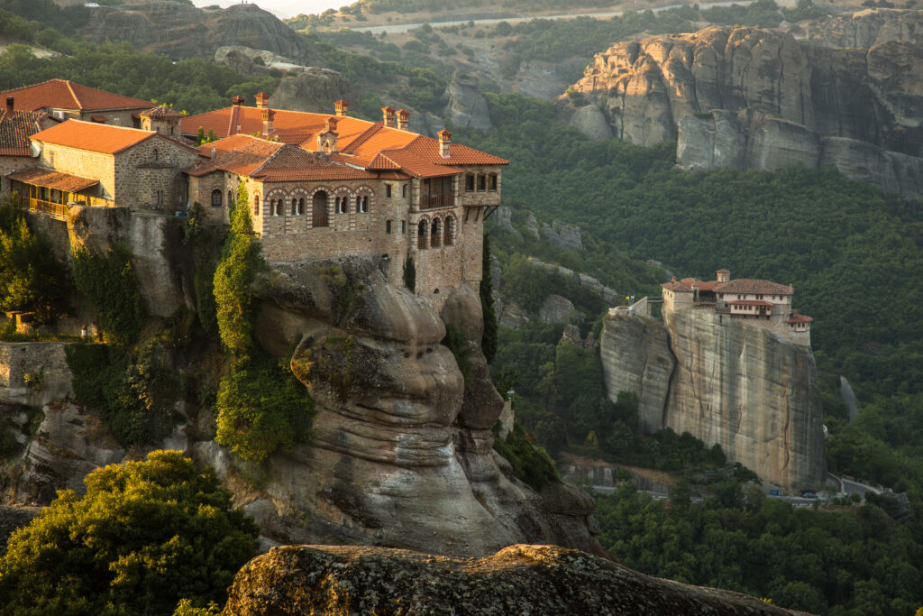 Meteora monasteries View on the Holy Monastery of Varlaam and Roussanou Monastery on background. Kastraki, Greece